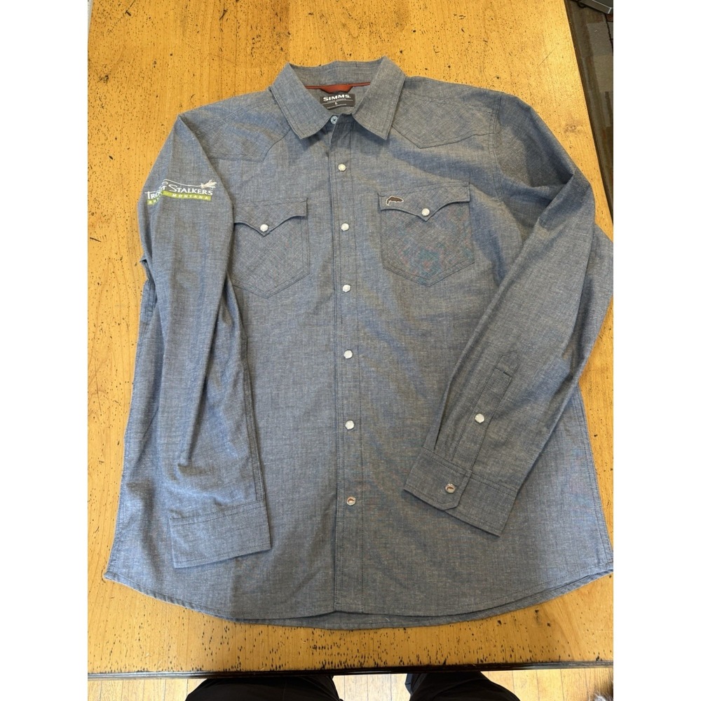 Simms Fishing No-Tellum Shirt Blue/Gray Pearl Snap Travel Fishing Size Large - Picture 5 of 10